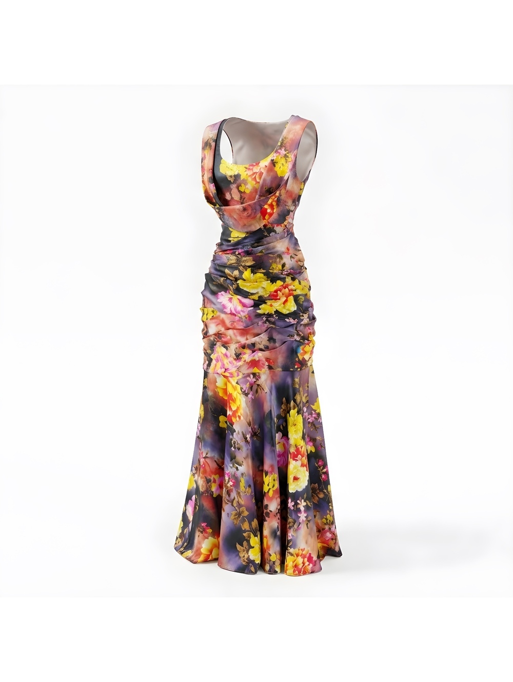JS Collections Elegant Floral Evening Gown with Draped Neckline and Ruched Waist